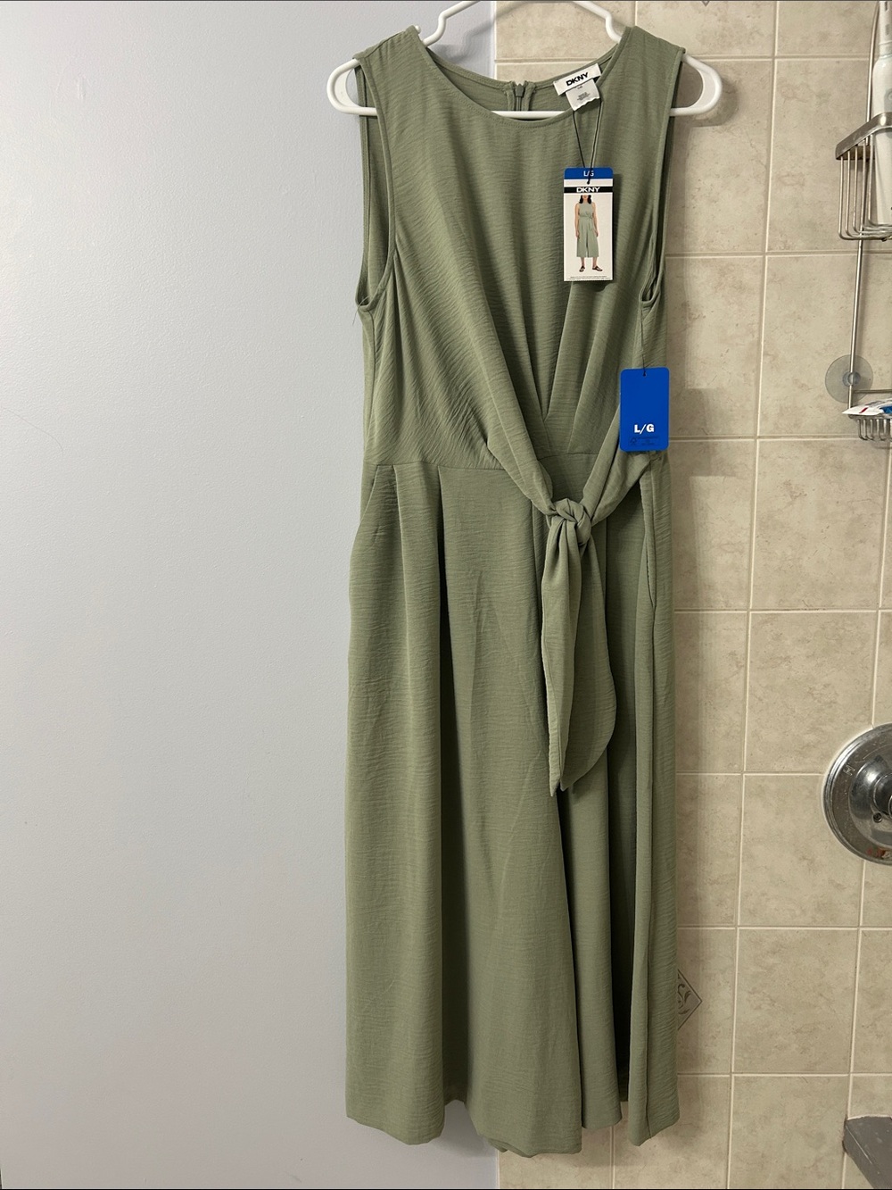 DKNY Olive Green Sleeveless Tie-Front Midi Jumpsuit